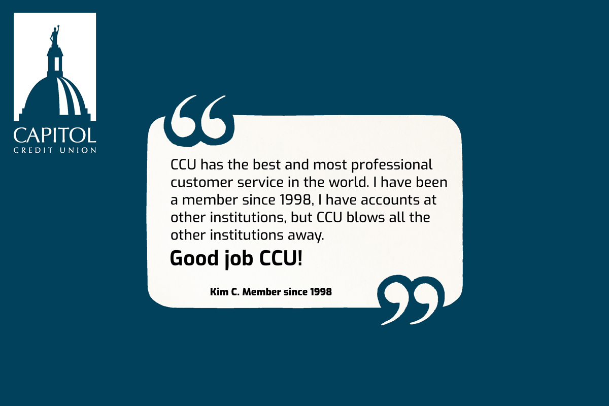#TestimonialThursday and Capitol Credit Union values our customers. We are grateful for each and every one of you!💛

Capitol values all feedback, and all of our members!🤝

Want to learn how we can help you reach all your financial goals? Click here: ccutx.org