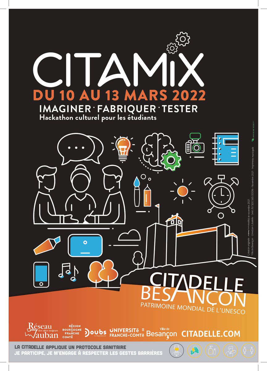 CitadelBesancon's tweet photo. C'est l'heure ! ⌚️
Les étudiants inscrits à Citamix commenceront 
ce soir à plancher sur leur projet. 🧠 De 18 à 1h du matin, ils travailleront leurs idées ! 
Dimanche, après trois jours de travail, ils présenteront les projets qui seront par la suite soumis à un vote 🗳️ https://t.co/HsvPqclUSm