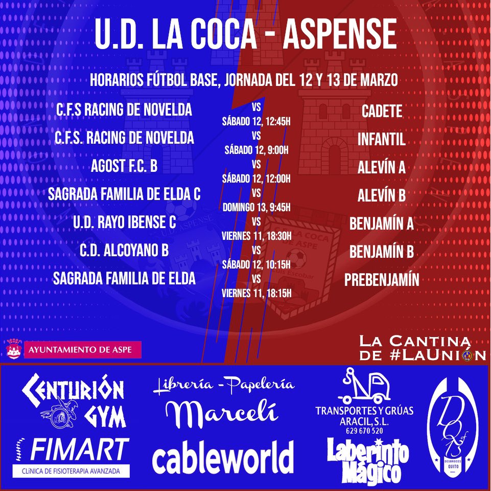 El sub’23 visitará al 4o clasificado. En los últimos 3 partidos ha jugado contra los 3 primeros arrancando dos meritorios empates…¿será el próximo la hora de la victoria?
Los juveniles aspenses disputan su encuentro ante el penúltimo último clasificado.
El senior descansa.
DALE!