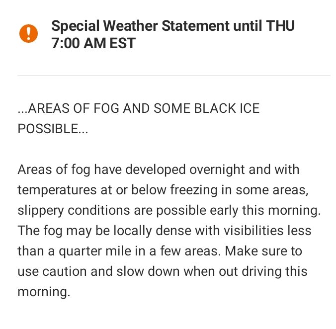 TowamencinPD's tweet photo. The @NWS has issued a dense fog and black ice advisory for our area expiring at 7:00am. Visibility is significantly reduced in some areas at this time. If you are out during the advisory, exercise caution and make sure your headlights and fog lights are on to increase visibility. https://t.co/rGMFI9k9bX