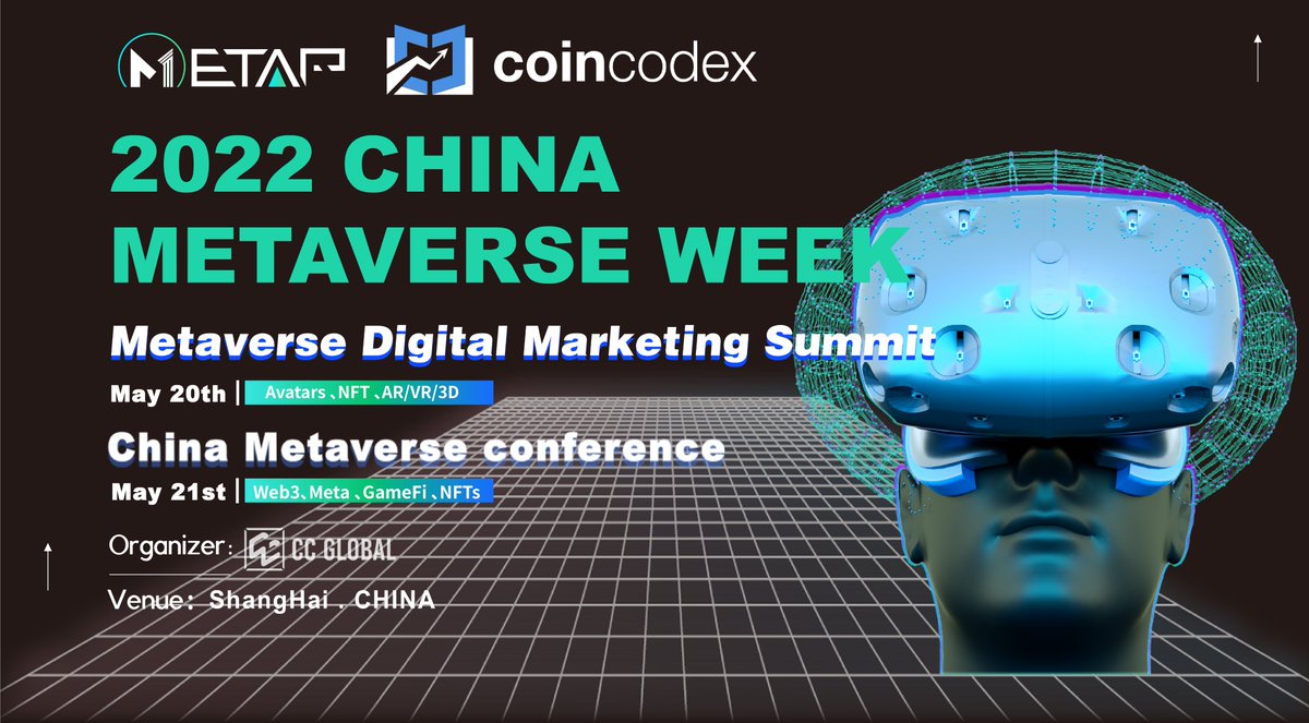 CCGlobal_China's tweet photo. Thanks to CoinCodex @CoinCodex as the Conference Partners joins in China Metaverse Week 2022. (May 20-21| Shanghai，Hybrid (In Person+Online))
Registration link：https://t.co/cJTihBW616 https://t.co/pbjvTWFCRo