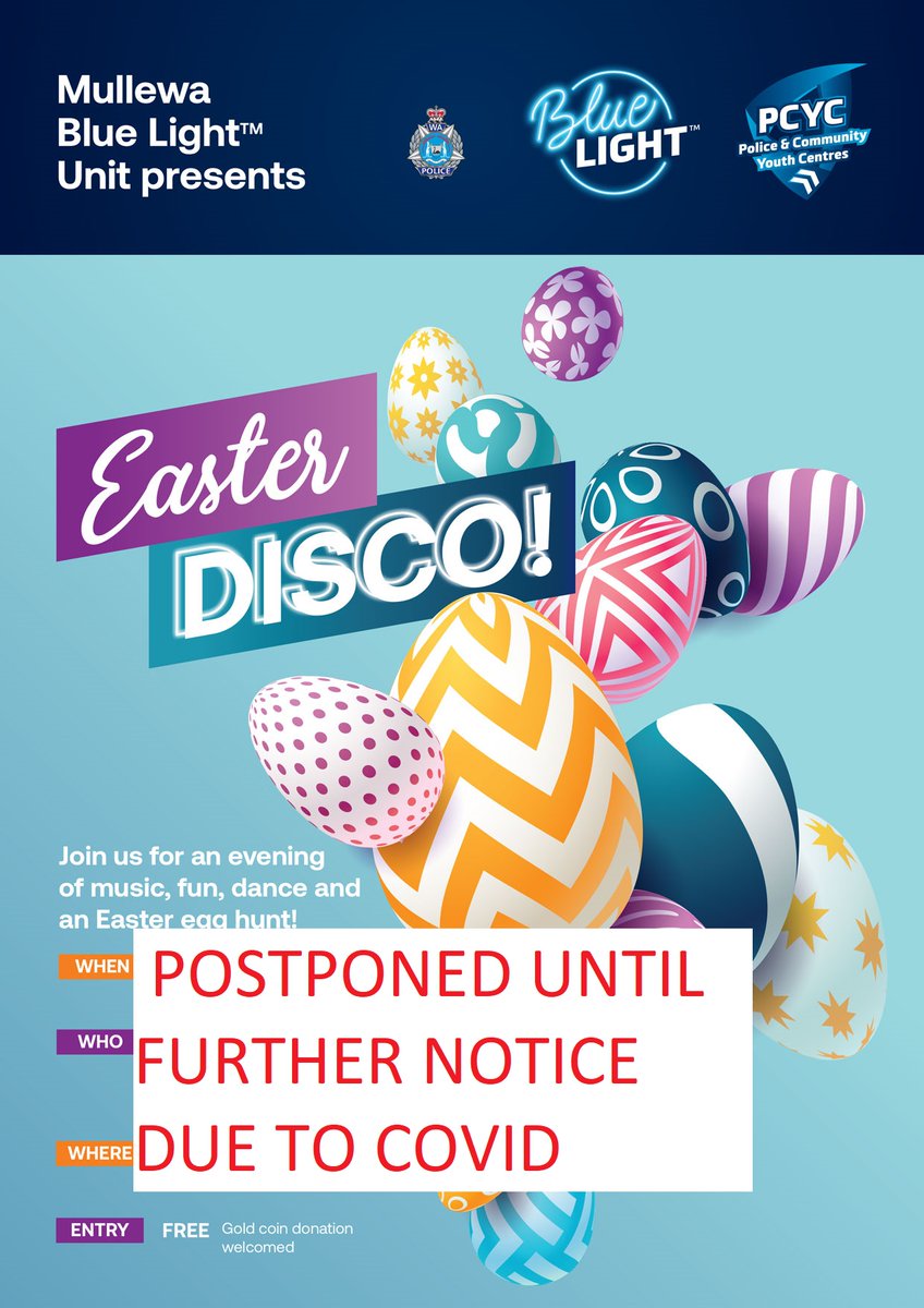 Unfortunately <a href="/MullewaPol/">Mullewa Police</a> have to postpone the Blue Light disco planned for Friday 11/03/2022. We will let you know when the next one is planned for and we hope to see you there! #fb