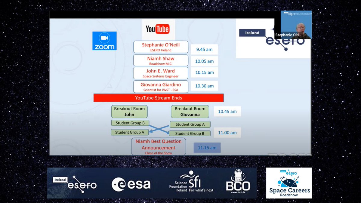 Esero_ie's tweet image. Here's the schedule for today's #SpaceCareersRoadshow!

There are great speakers from the space industry that will share their knowledge with us!

Viewers can even participate in a Q&amp;amp;A so they can ask any burning questions they may have.

#EngineersWeek