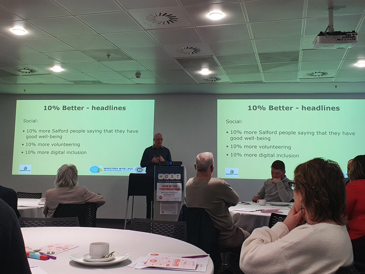 mediacity_ssvn's tweet photo. Chris Dabbs from Unlimited Potential running through the 10% Better headlines. 

"We hope you take our new headline measures back to your organisations to implement and achieve, to make our City a better place to live" 

#socialinsalford https://t.co/6xUnSrsKoz