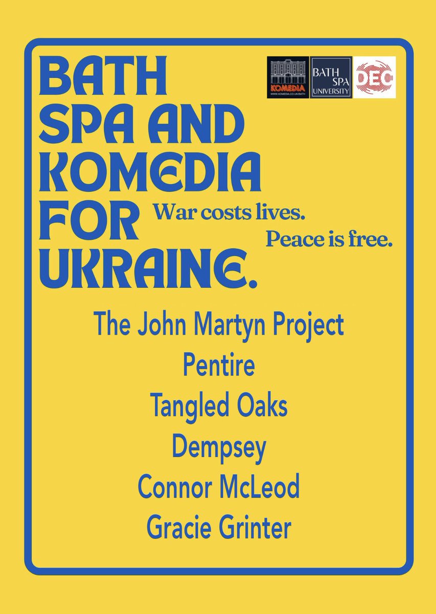 BathMusicFest's tweet photo. Come and hear students of @BathSpaUni from one of the best commercial music courses in the UK perform tomorrow night at @KomediaBath in support of #Ukraine 

7 -10.30pm, £5 tickets 🇺🇦🎶 https://t.co/yvXMKFs7Fk