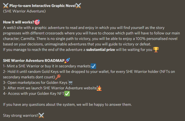 SHEwarriorNFT's tweet photo. NEW Play-to-earn! SHE Warrior Adventure

Check more datails on https://t.co/72xIzLXUdM

To celebrate it we will do a raffle.

🏆Prize: x1 NFT (120$)
🏆x5 Whitelist

Rules:
1⃣ Follow @SHEwarriorNFT 
2⃣ RT and Like
3⃣ Tag some friends

We will announce the winner on our Discord🚀 https://t.co/HA5T46iDRg