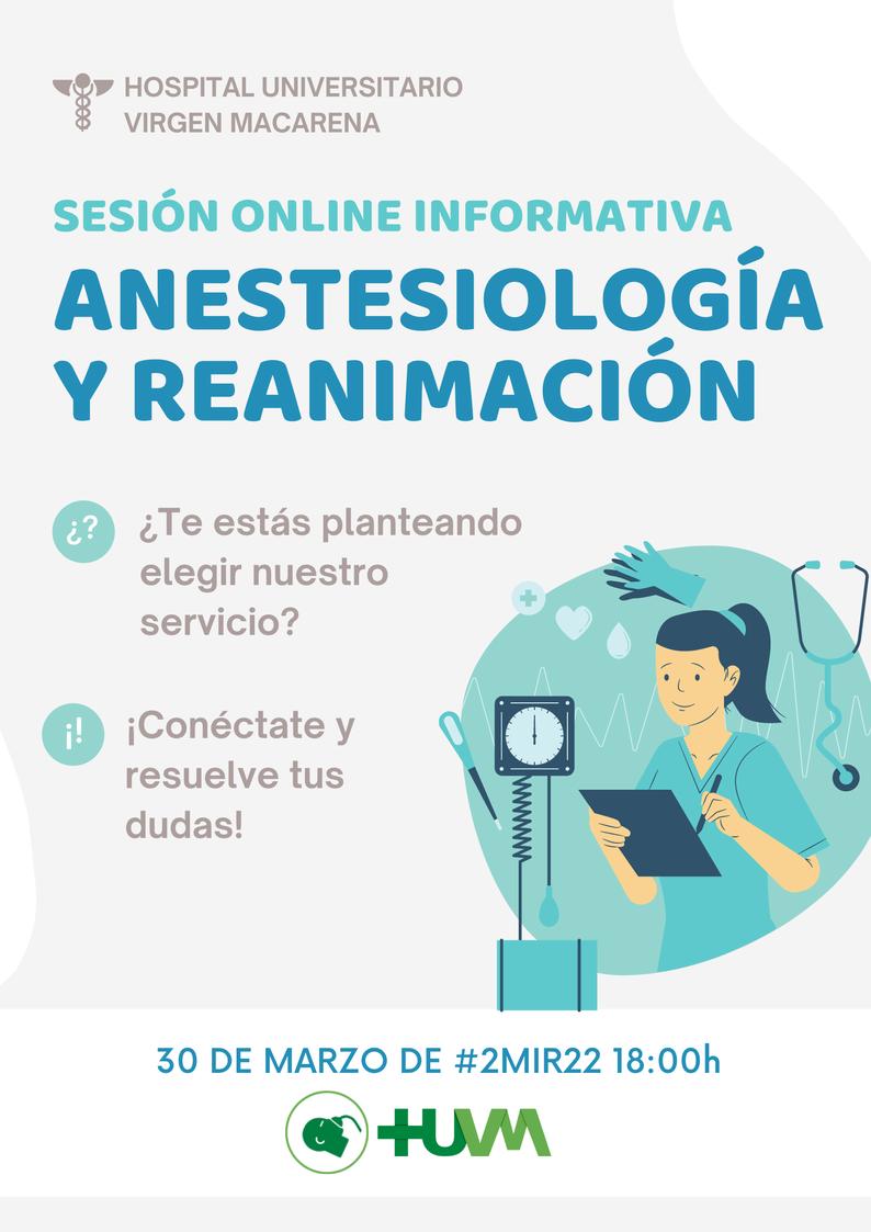 AyRHUVM's tweet photo. ¿Hiciste el examen MIR y te has decidido por Anestesiología y Reanimación?¿Te animas a venirte al @AyRHUVM? Sesión online informativa,30 marzo 18:00 h.Visión de los residentes en cada año de especialidad. Próximamente publicaremos link de acceso @sedar_es @HUVMacarena @SCISEDAR https://t.co/GygbpB5g6d