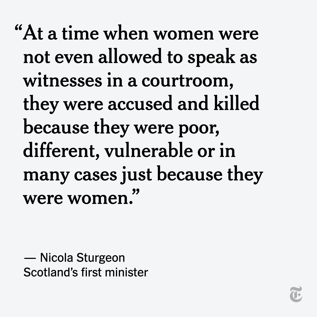 nytimes's tweet photo. Scotland apologized for the historical persecution of nearly 4,000 people accused of witchcraft, a vast majority of them women.

“It was injustice on a colossal scale,” Nicola Sturgeon, the first minister of Scotland, said.
https://t.co/WjzlTKTbEn https://t.co/Xz2gbY5kRU