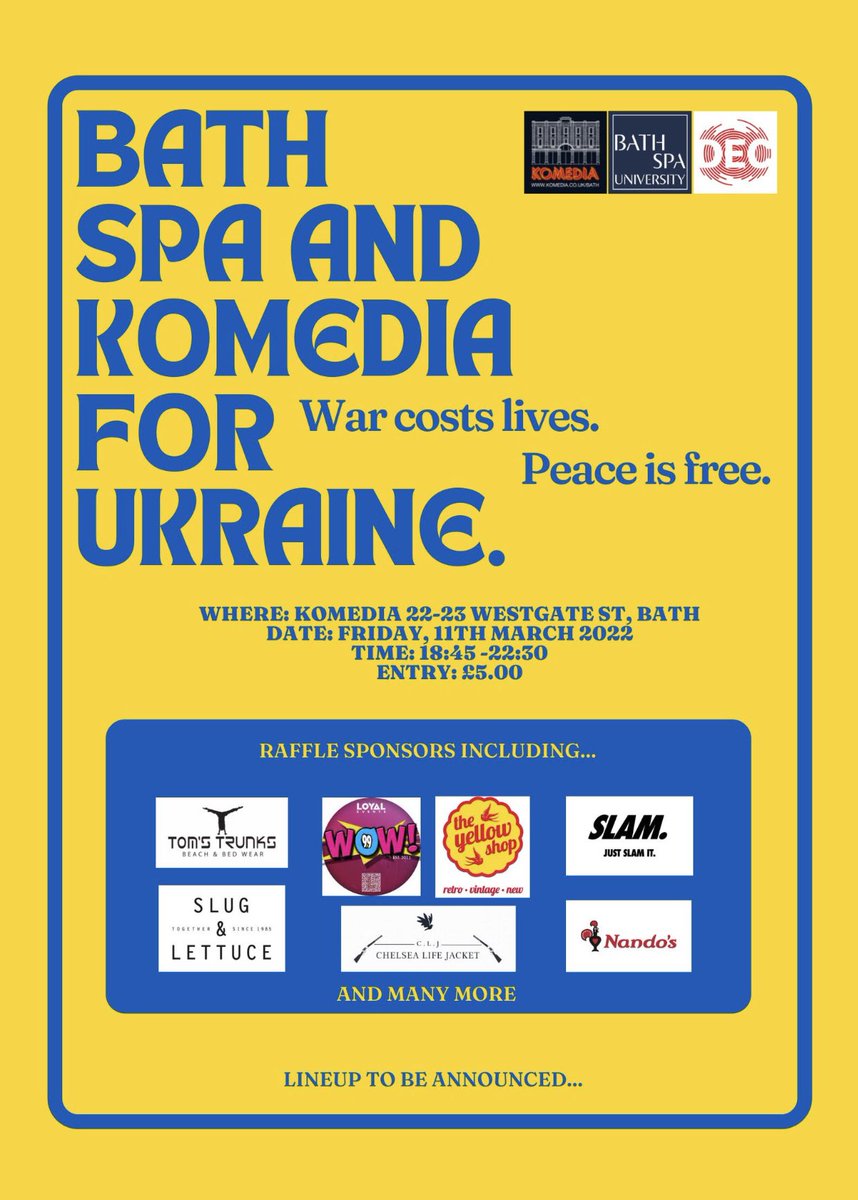 BathMusicFest's tweet photo. Come and hear students of @BathSpaUni from one of the best commercial music courses in the UK perform tomorrow night at @KomediaBath in support of #Ukraine 

7 -10.30pm, £5 tickets 🇺🇦🎶 https://t.co/yvXMKFs7Fk