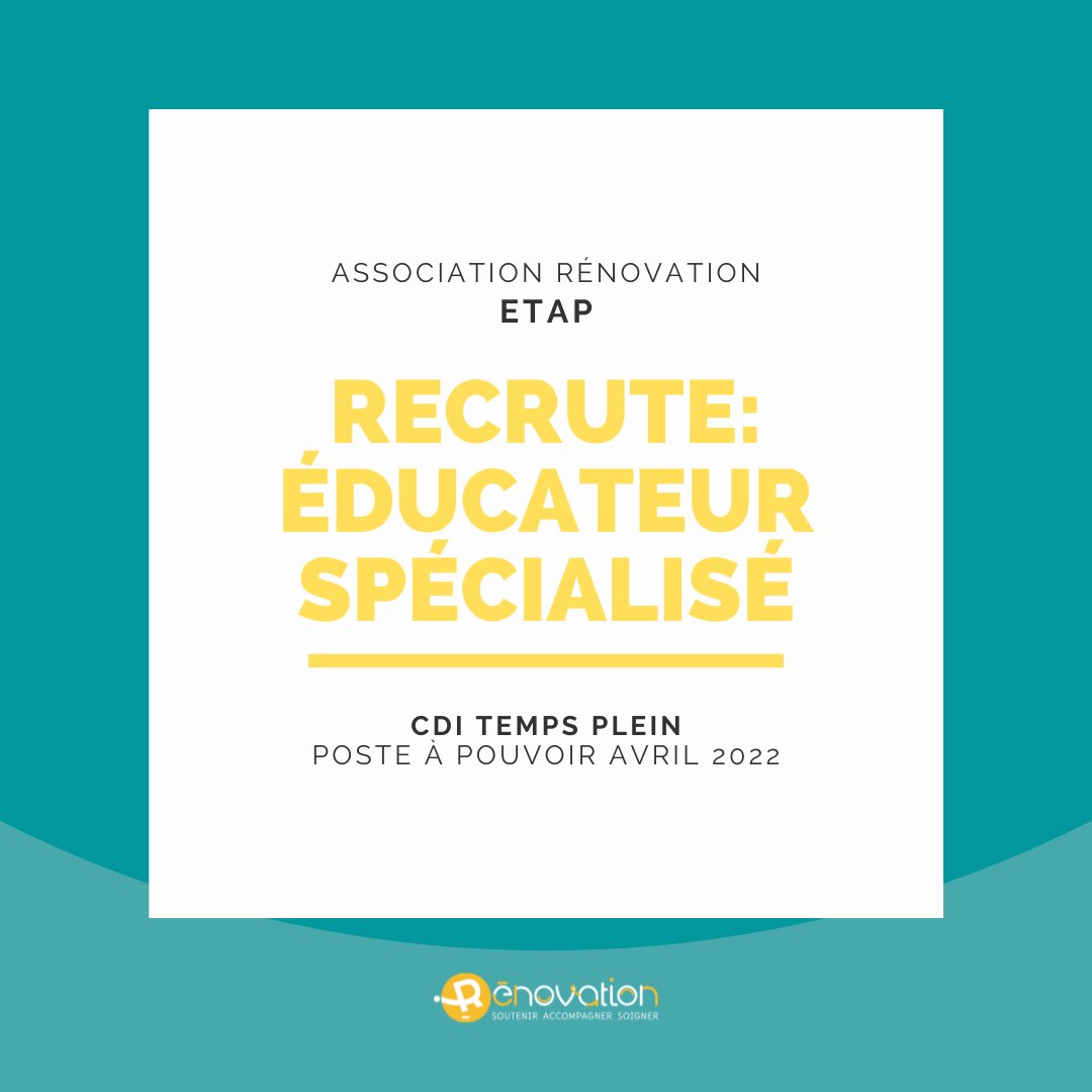 🔎 L'<a href="/AssoRenovation/">Association Rénovation</a> recrute un Éducateur Spécialisé (H/F), poste basé sur l'Hôpital de Jour à Temps Partiel d'ETAP et à pourvoir au plus vite. À vos candidatures ! #offreemploi #recrutement #charentemaritime lnkd.in/gk-FJwtU