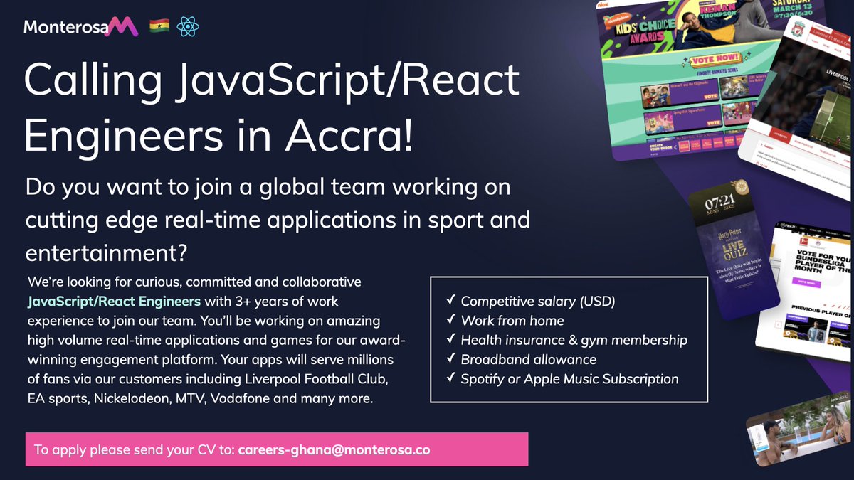 If you’re a senior React dev in Accra; like a challenge, love sport and entertainment, and want to work with an international company whose founder is a 🇬🇭 resident (me!) then get in touch. 4.5 day week, 25 days of annual leave, health insurance, salary: $2000-$4000pm