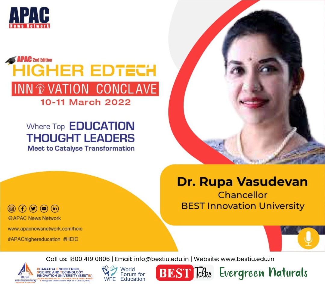 WFE2019's tweet photo. Dr Rupa Vasudevan, Chancellor, BESTIU will be speaking at "Higher Edtech Innovation Conclave", panel session organized by APAC News Network on 11th March 2022 from 11:10 AM to 12:15 PM

Register Now: https://t.co/xPiDiOFuxO

Stay tuned!

 #education #innovation  #bestiu https://t.co/JMyaCNRHoP
