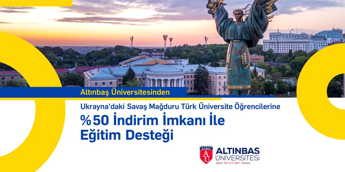 AltinbasUniv's tweet photo. Yüksek Öğretim Kurulu'nun (YÖK) aldığı kararlar doğrultusunda Ukrayna'da meydana gelen savaşta mağdur olan Türk öğrenciler, üniversitemizdeki yükseköğretim programlarına %50 indirim imkanı ile yatay geçiş yapabilirler. https://t.co/3uLCBdYYiJ