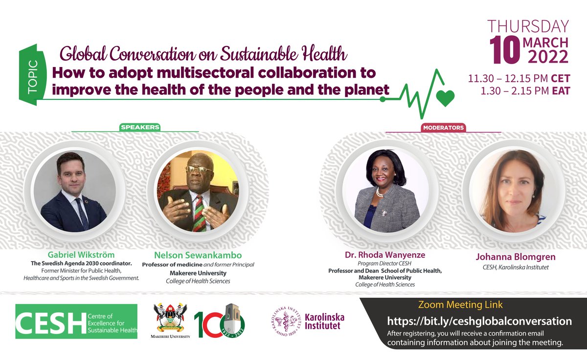 CESH (@ceshcentre) on Twitter photo NOW at 11:30 am Sweden/1:30 pm Uganda! The Centre of Excellence for Sustainable Health <a href="/karolinskainst/">Karolinska Institutet</a> and <a href="/Makerere/">Makerere University</a> invites you to join the second "Global Conversation on Sustainable Health" which will focus on multisectoral collaboration. Join us: ki-se.zoom.us/webinar/registโฆ NOW at 11:30 am Sweden/1:30 pm Uganda! The Centre of Excellence for Sustainable Health <a href="/karolinskainst/">Karolinska Institutet</a> and <a href="/Makerere/">Makerere University</a> invites you to join the second "Global Conversation on Sustainable Health" which will focus on multisectoral collaboration. Join us: ki-se.zoom.us/webinar/registโฆ