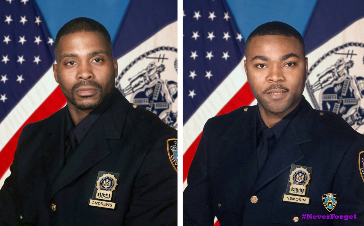 NYPDPC's tweet photo. Dets. Rodney Andrews &amp; James Nemorin sacrificed everything to take down an illegal gun ring. While we keep these fallen Finest &amp; their families in our prayers 19 years later — fellow officers honor their legacies as they courageously continue their important work. #NeverForget https://t.co/zxcCFFJbBz