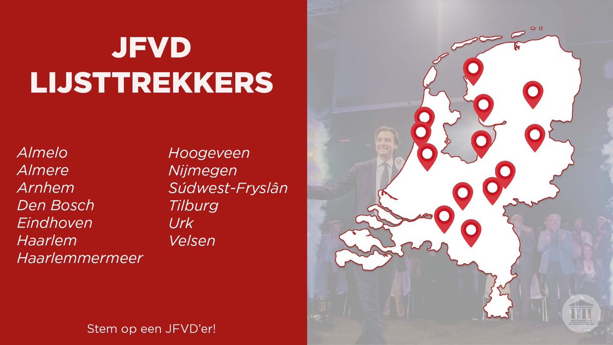 Op 16 maart heeft Nederland de kans om het tij te keren. #JFVD had niet trotser kunnen zijn dat ook wij kunnen bijdragen aan de beweging van #FVD. In 13 gemeenten wordt de lijst zelfs aangevoerd door een JFVD'er - een geweldige prestatie. Ga stemmen. En stem op een JFVD'er!