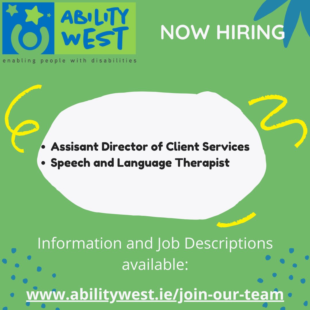 abilitywest's tweet photo. We are currently hiring for a number of positions, including an Assistant Director of Client Services and Speech and Language Therapist, among others. Check out the details on: https://t.co/5ElVbEFYOz
#nowhiring #careeropportunities https://t.co/J923ExizR9