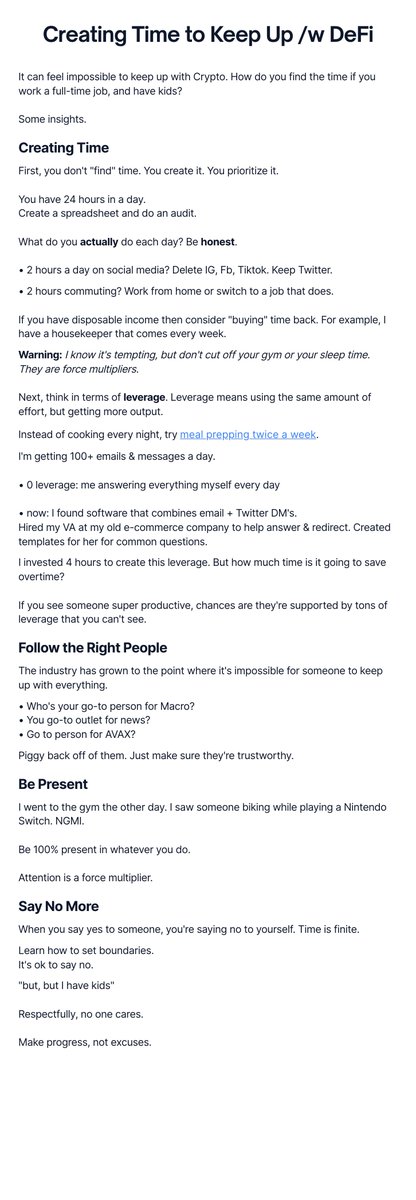 It can be challenging to find the TIME to keep up with Crypto and DeFi. 

Here are some of my favorite principles for time management.
