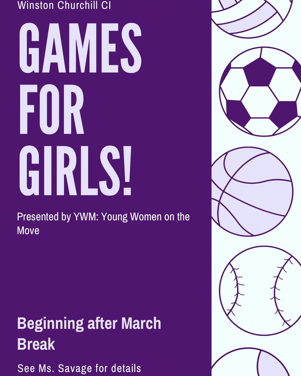 MsSavage20's tweet photo. 📣📣Attention WCCI! Beginning after March Break, Games for Girls will be running in partnership with #YWM Come out for some sports, music, friends, and fun! First sport up: Badminton 🏸 Have a great break and see you soon! 💜💜 @wchurchillci @TDSB_YoungWomen #TDSB @HPE_TDSB https://t.co/ymHQMTUUdx
