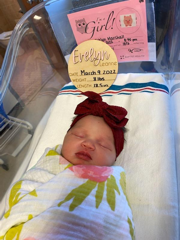 NickforIndiana's tweet photo. Evelyn Leanne Marshall arrived on 03/09/2022 at 8:40PM.  Weighing 8lbs, 18.5 inches. My verse to you is, "She is clothed in strength &amp; dignity, she laughs without fear for the future" Proverbs 31:25.  You are so beautiful, mom &amp; baby are doing fine. #Girldad #girlpower https://t.co/Tr8ILttZSZ