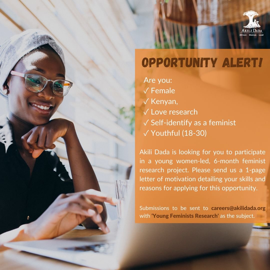 #NewOpportunityAlert✨ 

@AkiliDada is looking for #youngfeminists researchers from diverse contexts, identities & experiences who are interested in conducting research. 

Send your submission to careers@akilidada with ‘Young Feminist Researcher' as the subject.

#Feminists