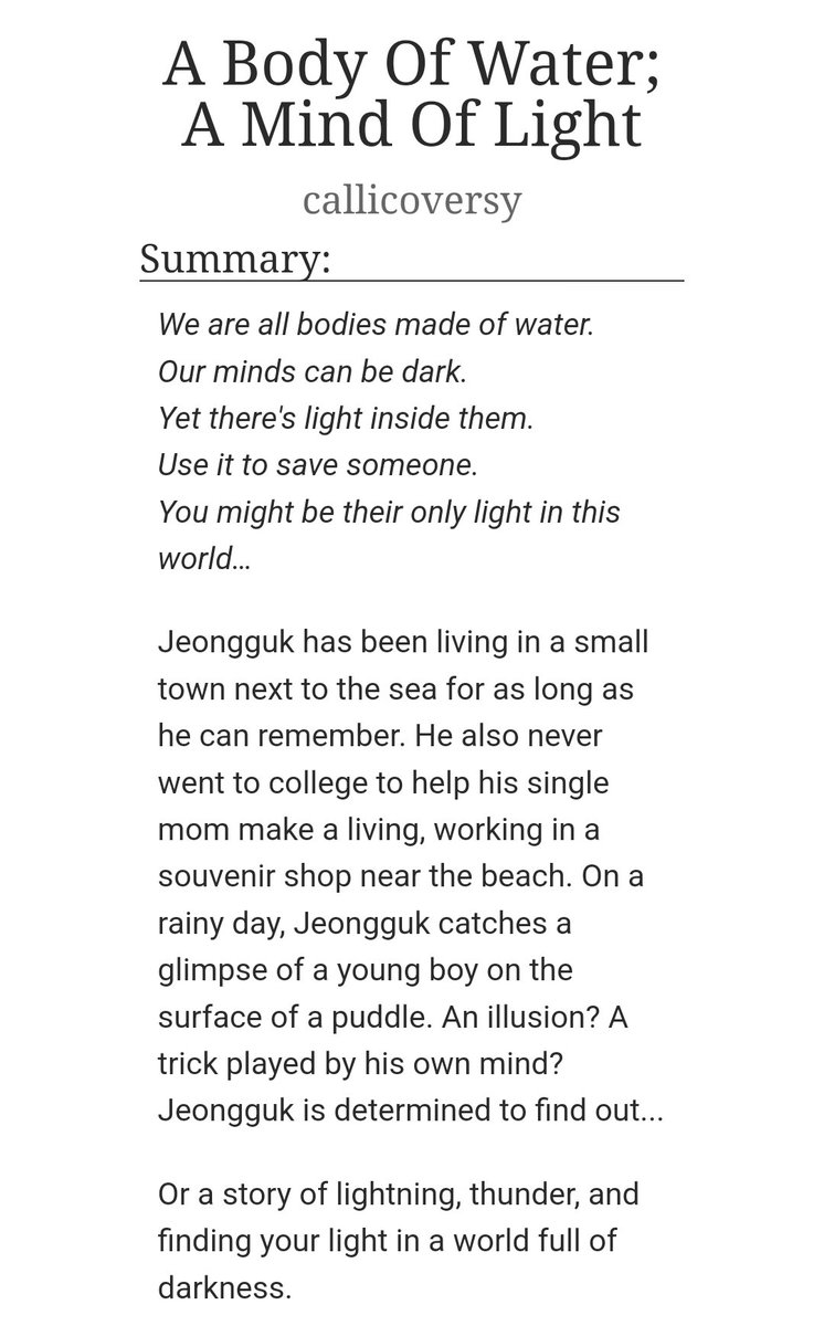 callicoversy's tweet photo. #taekook #taekookau #kookv
Title: [A Body Of Water; A Mind Of Light]
🔹39.6K words 
🔹Modern AU – Small Town
🔹Explicit 🔞
🔹Mystery/Violence
🔹Metaphysical experiences
🔹Souvenir shop assistant JK
🔹Hallucinations
🔹Missing Person
🔹Temporary MCD
Link: https://t.co/kLY0WULg7U https://t.co/mIpUvgZ1E4