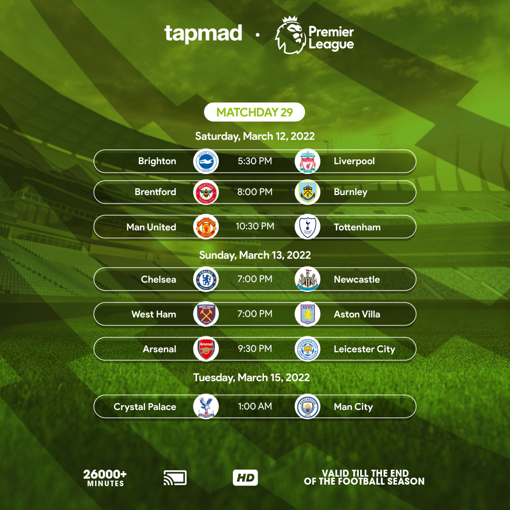 tapmadtv's tweet photo. Catch Premier League matchday 29 starting tomorrow evening. Watch it live in HD only on Tapmad. 

Subscribe here: https://t.co/3jpViOVS1Z

#PremierLeague #PremierLeagueLiveStream #Tapmad https://t.co/Wbz555IYNq