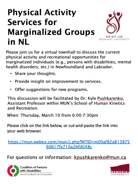 KINECT_Lab's tweet photo. Join us for tonight's virtual townhall. We will be discussing physical activity opportunities for marginalized groups in NL. Townhall takes place from 6:00-7:30pm. Spread the word and click here https://t.co/icv0LgkZDt Details in the poster below. https://t.co/CAnFTXjNNU