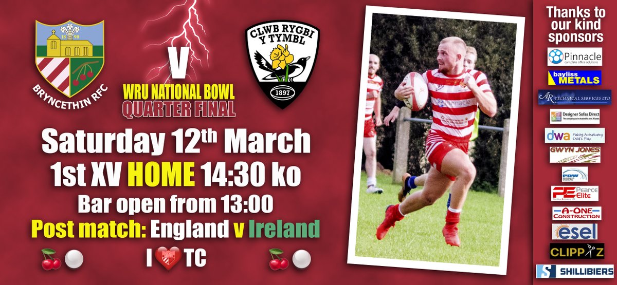 BryncethinRFC's tweet photo. 🏆 WRU BOWL QUARTER FINAL v @TumbleRFC

There's no doubt about it, this weekend we need our 16th man in our bid to push for glory.

Bar open from 1pm🍻🍷🥂
Tuck shop open serving hot and cold snacks🍔🌭🍟🍬🍫
England v Ireland (16:45)📺

COME ON BRYNCETHIN
🍒⚪️🍒⚪️  I❤️TC https://t.co/vJELtAb804