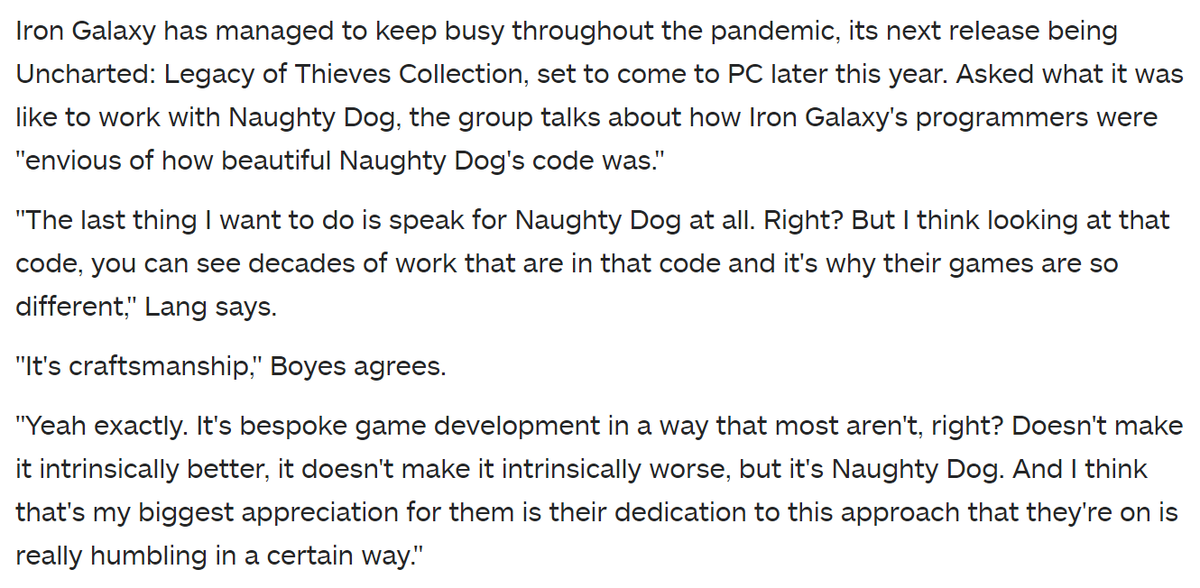 Some really kind words from Iron Galaxy, our partner working on porting the Uncharted: Legacy of Thieves Collection to PC. I too really appreciate our programmers! ❤️

You should apply if you want to join their ranks! 🧠🌟