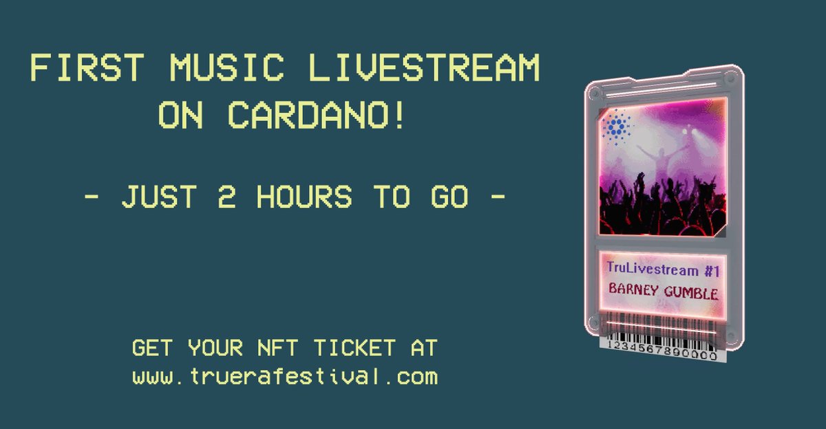 It´s not to late to become a part of #Cardano history! 🚀

Get your #NFT ticket on truerafestival.com to enjoy the very first #CNFT music #livestream at 6pm (UTC) 🎶🎸🎶

#CardanoLivestream #CardanoConcerts #NFTs #NFTMusic #CNFTMusic #NFTCommunity #ADA #livemusic #NFTmint