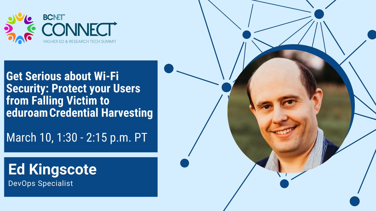 CANARIE_Inc's tweet photo. Get serious about your wi-fi security! Ed will discuss how to protect your users from falling victim to eduroam credential harvesting at his #BCNET2022 session this afternoon. https://t.co/cQjCa0MHCF https://t.co/W5lQZwaEy6