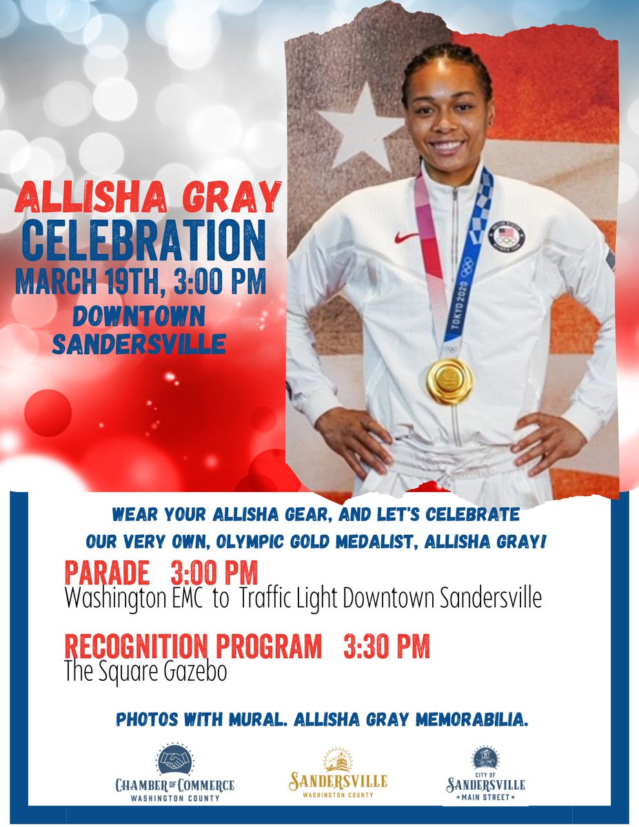 Sandersville_GA's tweet photo. Allisha Gray Celebration.
Saturday March 19, 3pm to 5pm.
The parade commences at 3pm at the Washington County EMC & finishes at the traffic light just before the mural in the downtown.
The recognition program begins at 3:30pm at the Gazebo on the Courthouse Square.
#gamainst https://t.co/cTBq9lDa65