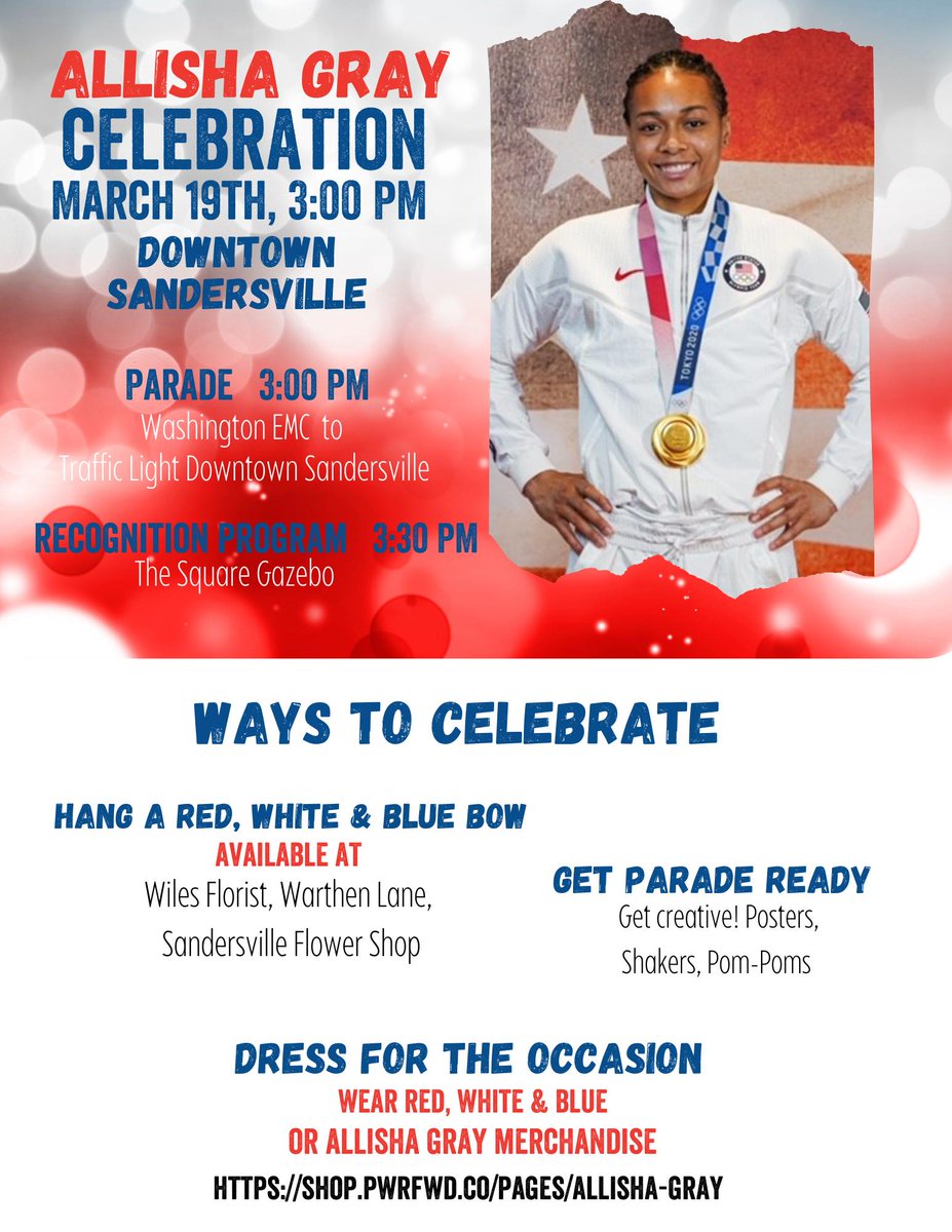 Sandersville_GA's tweet photo. Allisha Gray Celebration.
Saturday March 19, 3pm to 5pm.
The parade commences at 3pm at the Washington County EMC & finishes at the traffic light just before the mural in the downtown.
The recognition program begins at 3:30pm at the Gazebo on the Courthouse Square.
#gamainst https://t.co/cTBq9lDa65