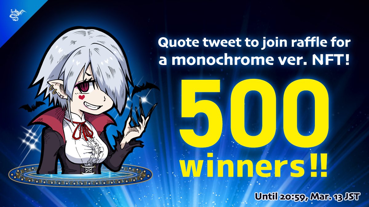 NFTTmarket_EN's tweet photo. Isekai Anime Characters👿008 Vampire
Accepting offers✨

https://t.co/JizCy67DW8
 
Quote tweet to apply for the monochrome version raffle with 500 winners!🎉

>Until 3/13 20:59 (JST)<

Entry
1 Quote RT with #IsekaiNFT
2 Apply from https://t.co/GWDnDS0gqv https://t.co/BQ24lcz0Qr