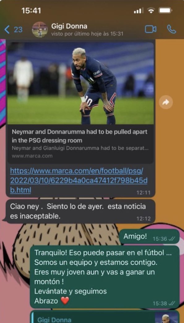 ActuFoot_'s tweet photo. Neymar dévoile son échange avec Donnarumma :

Donna : « Désolé pour hier. Cette info est inacceptable. »

Neymar : « Amigo! Tranquille! Ça peut arriver dans le foot… On est une équipe et on est avec toi. T’es encore très jeune et tu vas beaucoup gagner ! Relève-toi et continue » https://t.co/KHQ0jA9r37