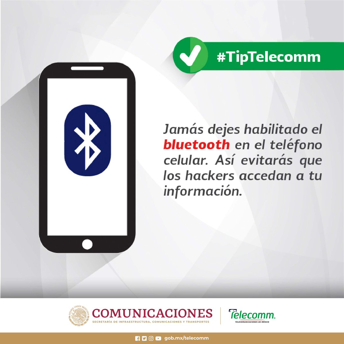 FinabienMex's tweet photo. #TipTelecomm
Para evitar el robo de información de tu celular, no dejes habilitado tu bluetooth https://t.co/OdwfkBMG7M