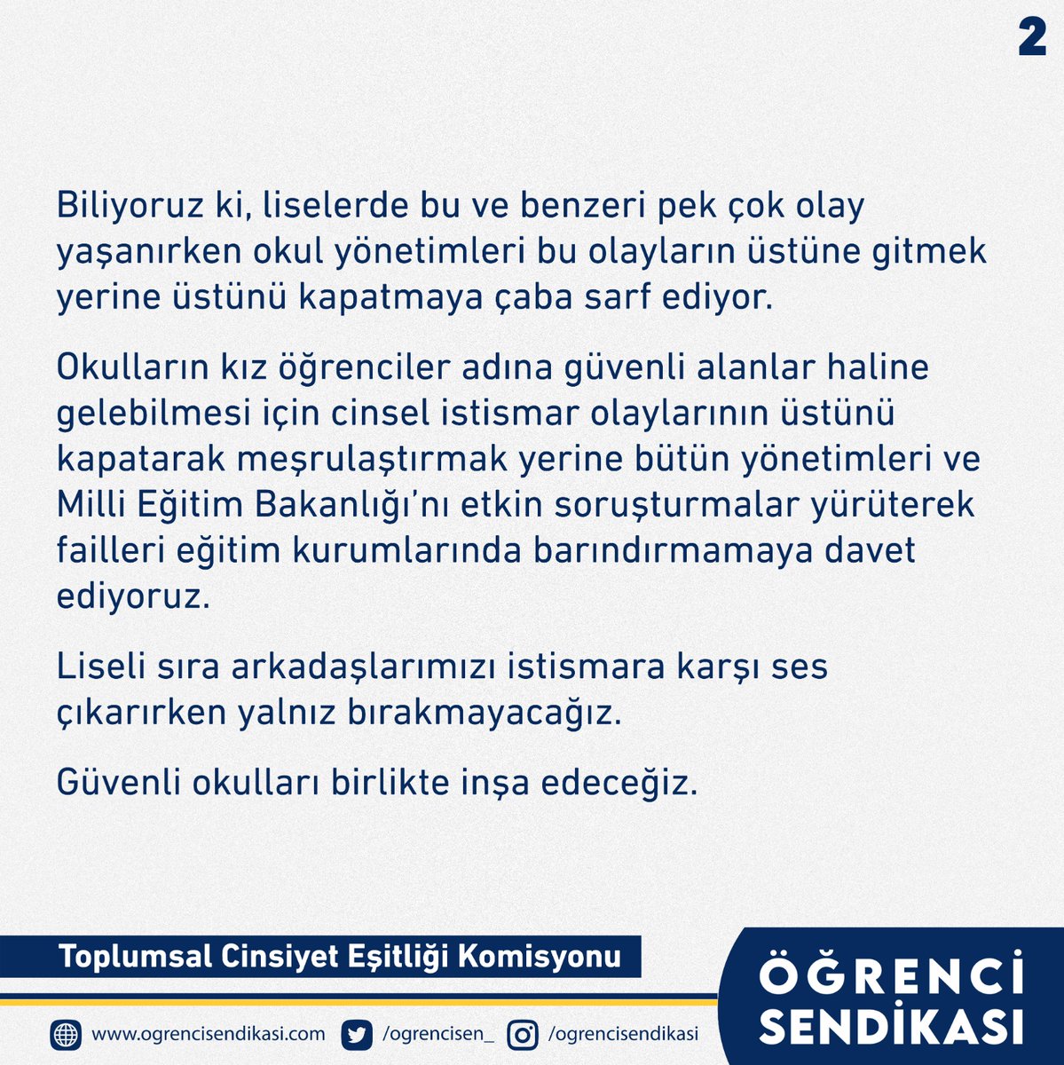 OgrenciSen_'s tweet photo. #LiselerdeTacizciİstemiyoruz

Özdemir Sabancı Emirgan Anadolu Lisesi'nde bir öğretmenin kız öğrencilere cinsel istismarda bulunmasının üstü kapatılamaz, bu kişi eğitim kurumlarında barınamaz!

Öğrenci Sendikası Toplumsal Cinsiyet Eşitliği Komisyonu'nun konuya ilişkin açıklaması: https://t.co/kiQ4cdvQDu