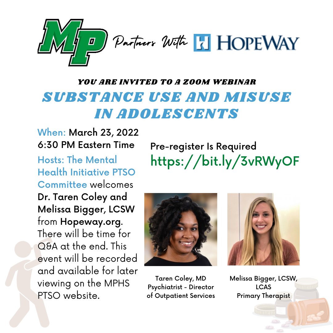 Zoom webinar: Substance Use and Misuse in Adolescents March 23, 2022 6:30 PM EST The MHI PTSO Committee welcomes Dr. Taren Coley &amp; Melissa Bigger, LCSW from <a href="/HopeWayCLT/">Hopeway</a>. Q&amp;A at the end. 
Pre-register Is Required bit.ly/3vRWyOF 
<a href="/CharMeckSchools/">Charlotte-Mecklenburg Schools</a> <a href="/MyersParkHS/">Myers Park High</a>  <a href="/MyersParkIB/">Myers Park HS IB</a>