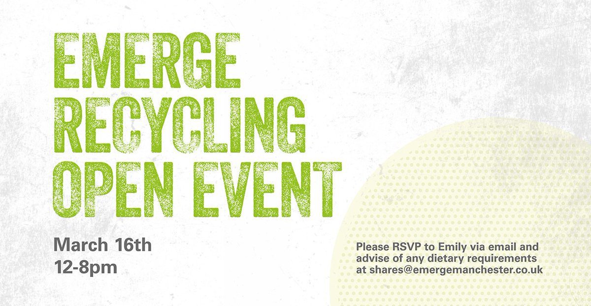 EMERGERecycling's tweet photo. We’re hosting! Come and join us and enjoy some food prepared by Chef @jasonpalinchef  using surplus food from our allied charity’s FareShare Greater Manchester operation, and hear about our exciting plans and proposed developments.

When: Wednesday March 16th, 12-8pm https://t.co/EXN839rWe4