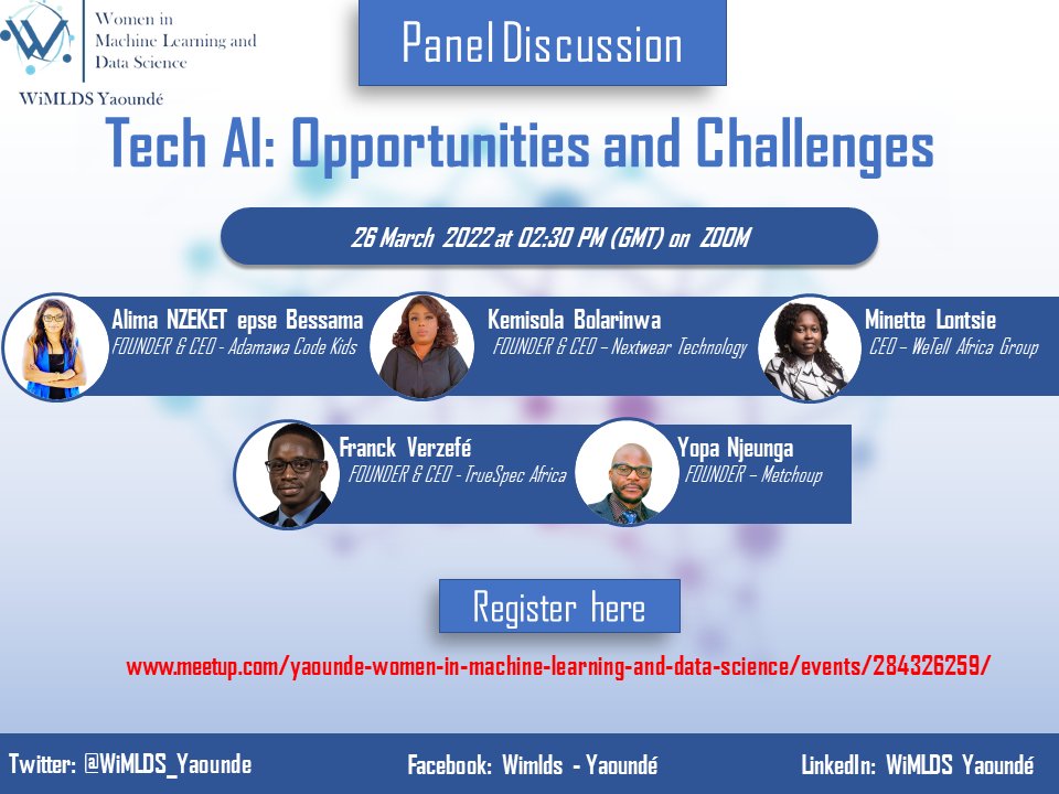 We are happy to announce that on March 26th, 2022, we will host a panel discussion with the following startups in Africa.

Together with the CEO of these startups, we will have an open discussion about Opportunities and Challenges in TechAI. 

Do not miss it!
<a href="/Africa4Ai/">Africa4AI</a>, <a href="/tech/">@Tech</a>