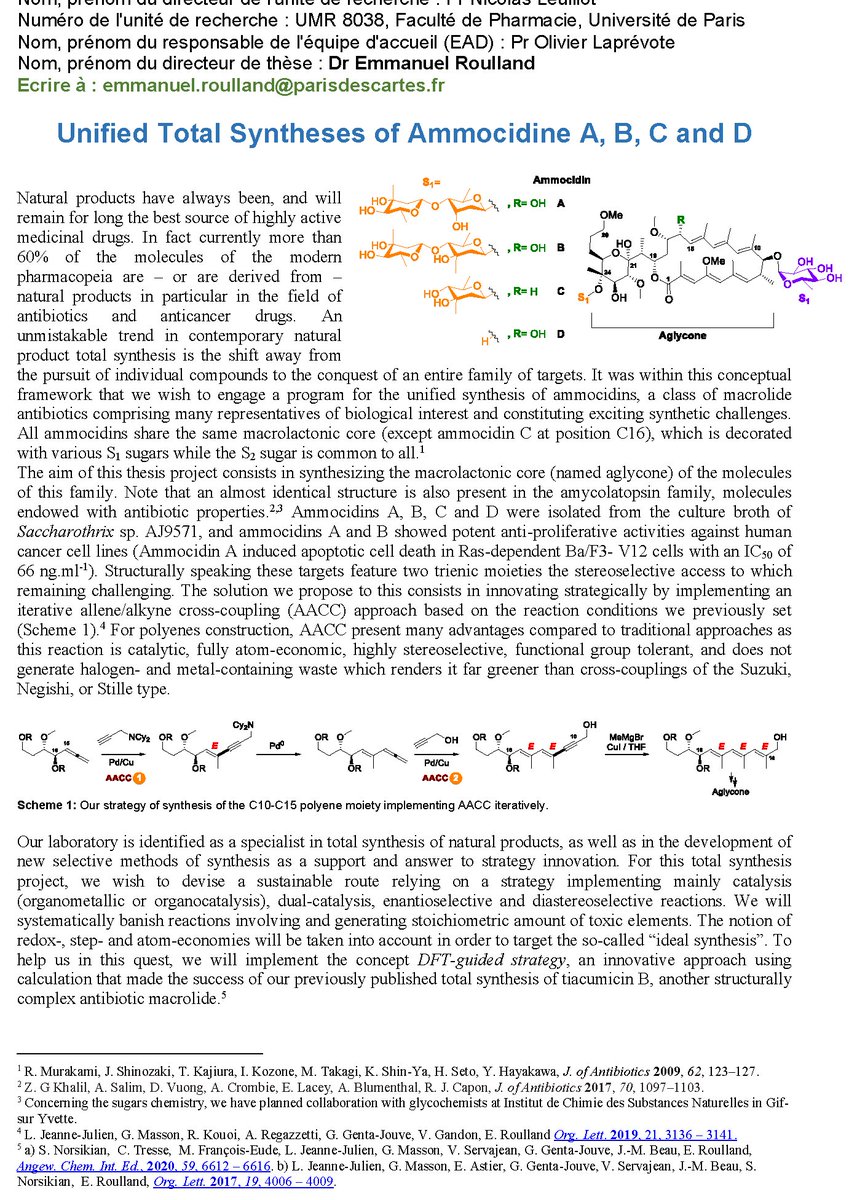 PhD contract offer: The Roulland’s group is looking for a motivated student fond of total synthesis of natural products to participate in the scholarship award competition of the MTCI doctoral school of the University of Paris. #naturalproducts  ecolesdoctorales.parisdescartes.fr/ed436/content/…
