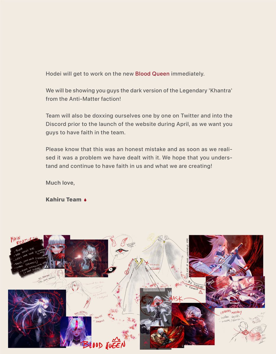 kahiruNFT's tweet photo. Yesterday something was brought to our attention and so we have dealt with it. 🙂

Transparency is one thing you can guarantee with Kahiru.

Please find attached the announcement into our Discord. 

Much love,

Kahiru https://t.co/pIwAsMNzrB