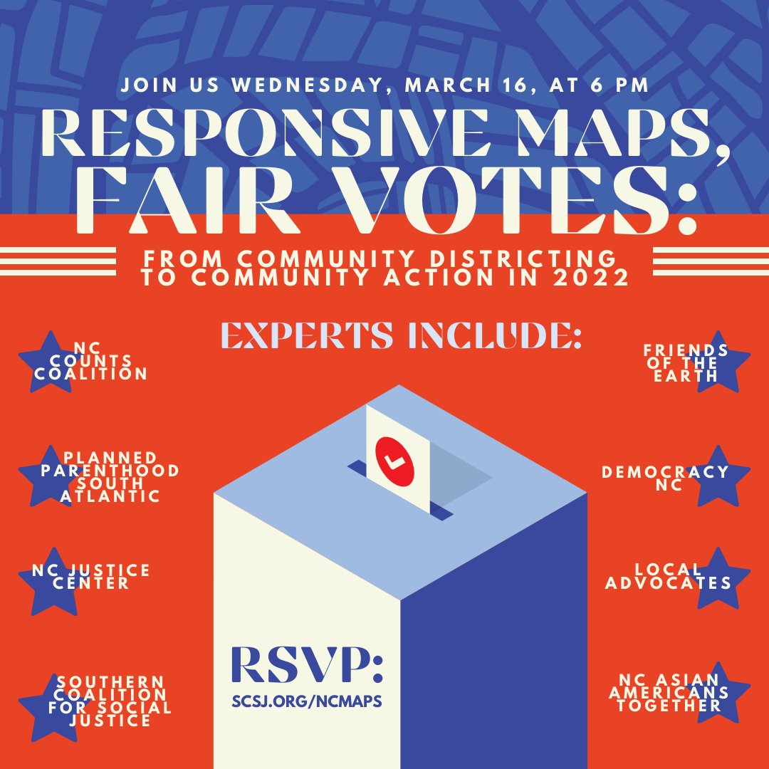 scsj's tweet photo. Our voting maps are drawn and 2022 is in full swing. Join us on 3/16 for a virtual look back on our fight for responsive maps and what it means for all North Carolinians.

SIGN UP ➡️ https://t.co/o9XH6hUXTT https://t.co/KX4sGORaKe