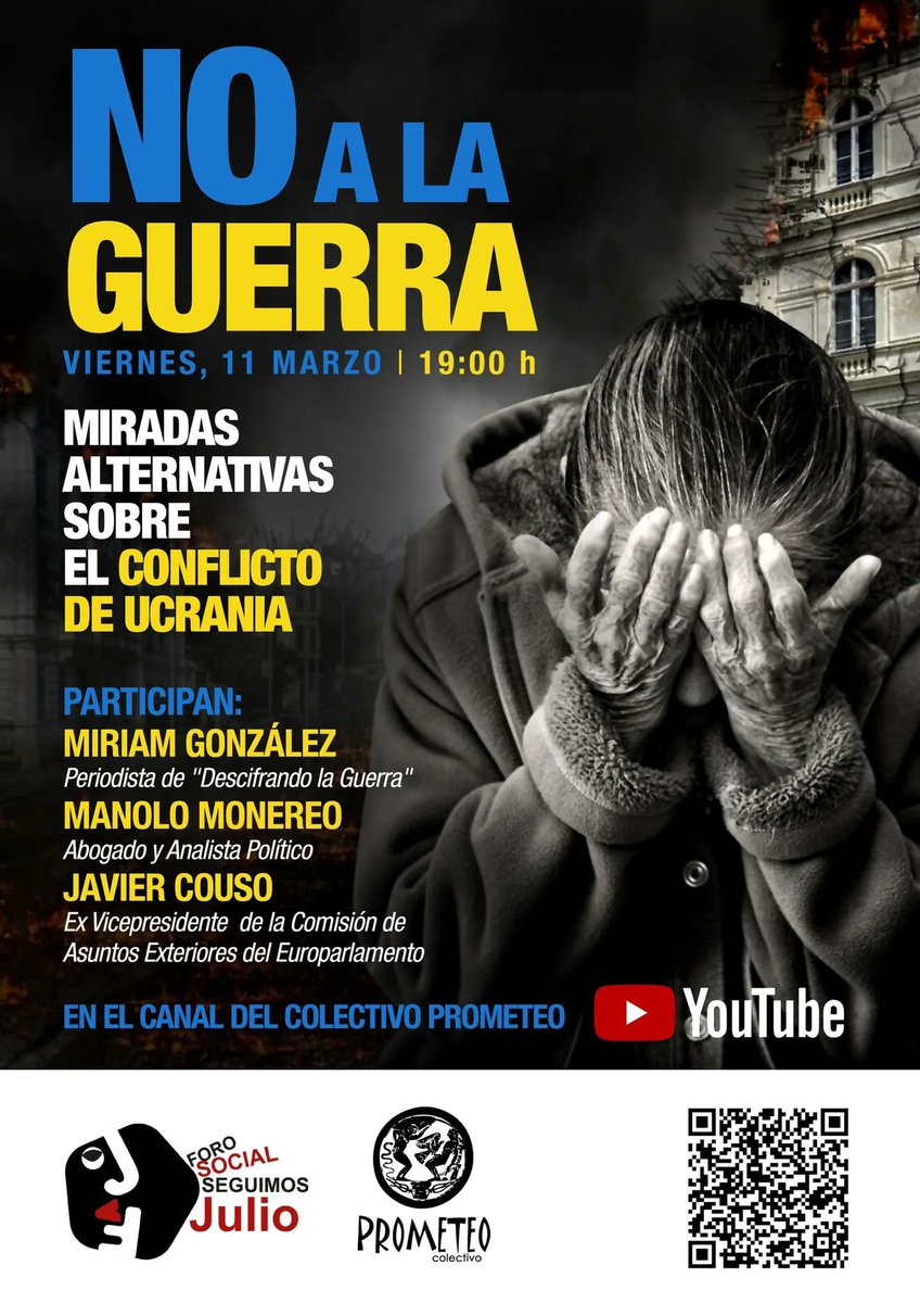 🎥 Debate "Miradas alternativas sobre el conflicto de Ucrania" buff.ly/3J1gVwB #NoALaGuerra 

🗓️ Viernes, 11 de marzo
🕖 19.00h.

🗣️ Participan:

Miriam González <a href="/descifraguerra/">Descifrando la Guerra</a>
Manolo Monereo <a href="/ManoloMonereo/">M. Monereo</a> 
Javier Couso <a href="/Caninator/">Javier Couso</a>
