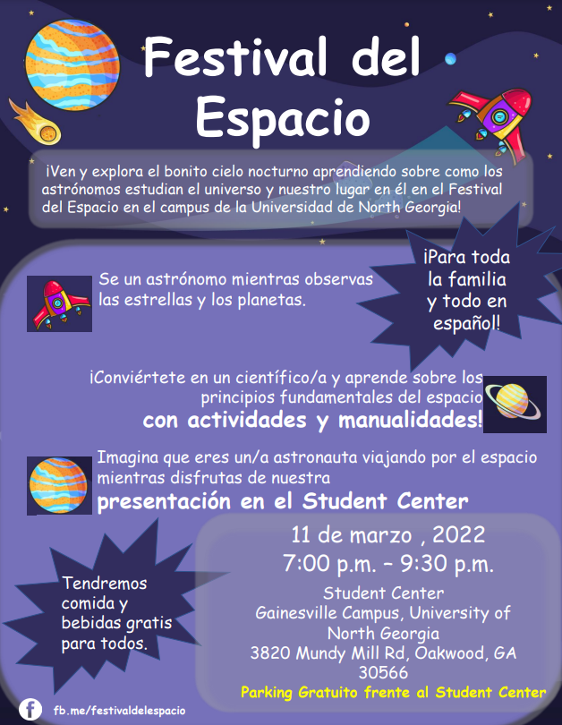NorthGAScience's tweet photo. For Spanish speakers, check out the Festival del Espacio at the UNG-Gainesville campus on March 11 at 7 pm. Free family fun, and lots to learn about space! https://t.co/h4MmelXTfl