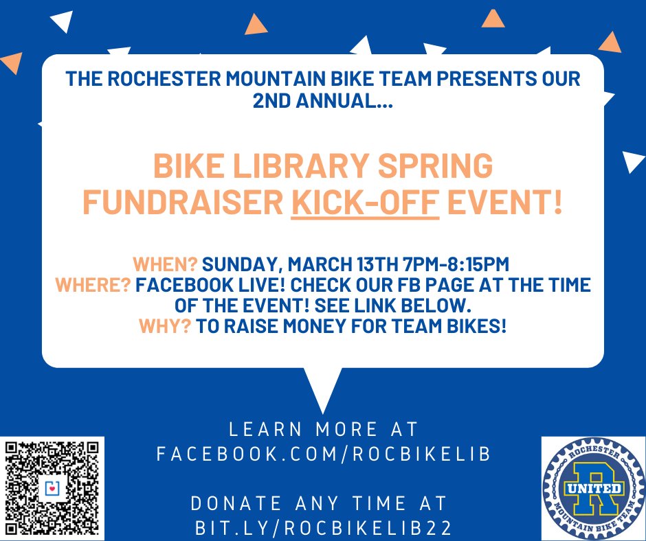 HerrCrites's tweet photo. Hey all! I'm a coach of the Rochester Mtn Bike Team and this season we're hoping to add 3 new bikes to our Bike Library! These bikes will be loaned to students in financial need. Please join our Spring Fundraiser KICKOFF event on FB Live this Sunday at 7p! https://t.co/eMNWyWqyRw https://t.co/U6qWjwXwX2