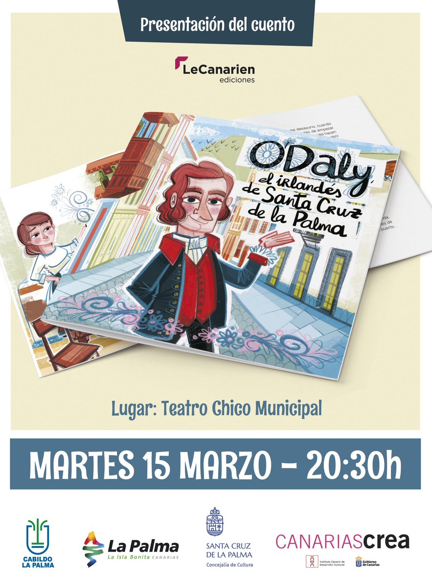 📣¡PRESENTACIÓN!

O'DALY, EL IRLANDÉS DE SANTA CRUZ DE LA PALMA

¡Les esperamos!

No olviden inscribirse previamente a través del Ayuntamiento de <a href="/sclapalma/">Santa Cruz de La Palma</a> 

Nuevo cuento infantil ilustrado por <a href="/VictorJaubert/">Víctor Jaubert</a>

<a href="/CabLaPalma/">Cabildo de La Palma</a> #ICDC #CanariasCrea