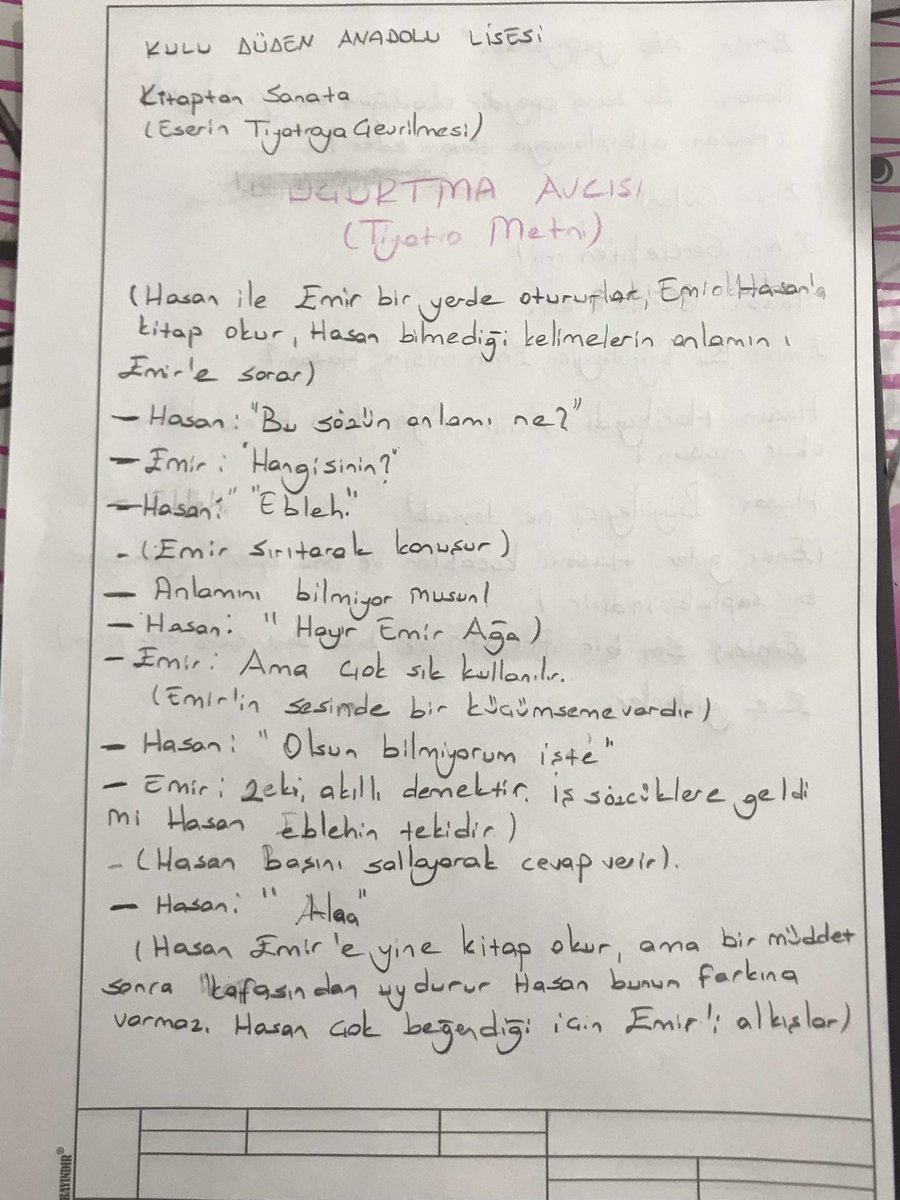 #Kulu Düden Anadolu Lisesi
<a href="/SeyitAliBuyuk/">Seyit Ali Büyük</a> 
#BizeBirİnsanMektebiLazım
#OkumaDavamız
#HerOkulda
#KonyaMEM
Tiyatro metnimiz hazırdıır.Genç Kalemler okuyor.