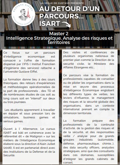 IE_Eiffel's tweet photo. 【 AU DÉTOUR D'UN PARCOURS 】
Cette semaine nous vous proposons un focus sur le master 2 Intelligence Stratégique , Analyse des risques et territoires ( ISART) de l’ @IFIS_IE_UPEM
La periode de candidature est ouverte sur e-candidat
#masterIE @ifisUnivEiffel https://t.co/MOBeIibXIX